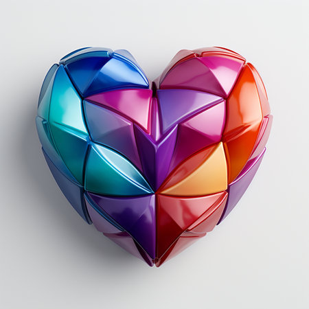 A 3D rendered geometric heart sculpture displays a spectrum of vivid rainbow gradient colors, symbolizing love, diversity, and celebration.の素材