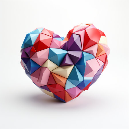 A vibrant, multi-faceted heart sculpture made of geometric shapes in various colors, displayed on a clean white background.の素材