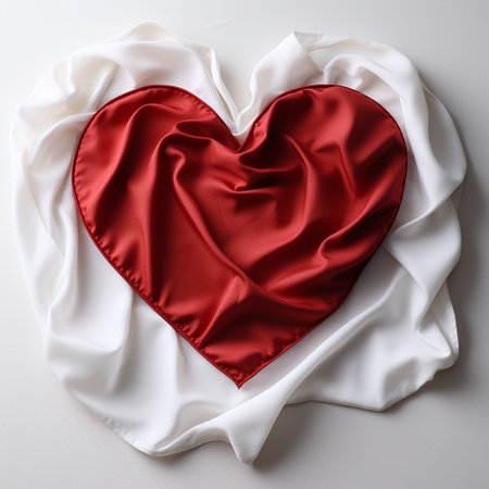 A beautifully crafted red silk heart shape rests on flowing white fabric, creating a visually appealing symbol of love and romance.の素材