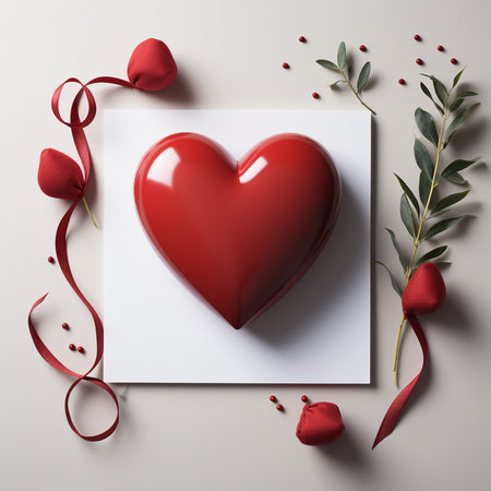 A glossy red heart sits on a white square, adorned with red ribbons, fabric buds, and delicate green leaves, symbolizing love and romance.の素材