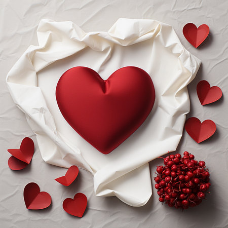 A luxurious red satin heart pillow, artfully arranged with draped white fabric, surrounded by small red paper hearts and a cluster of red berries.の素材