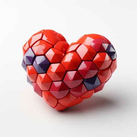 A 3D render of a heart shape formed by interconnected, multi-colored geometric facets, set against a clean white background.の素材