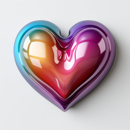 A vibrant, glossy 3D heart shape featuring a stunning rainbow gradient and a highly reflective surface, set against a clean white backdrop.の素材