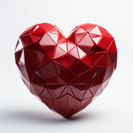 A polished, multifaceted red heart sculpture composed of geometric shapes rests on a clean white surface, symbolizing love and abstract art.の素材