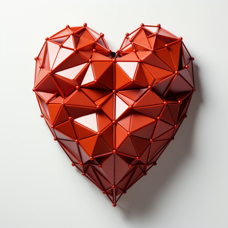 A detailed 3D render of a geometric red heart sculpture composed of triangular facets and connected nodes against a clean white background.の素材