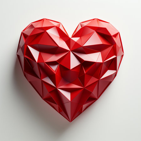 A 3D rendered geometric sculpture of a red heart shape, intricately faceted and polished, casting a subtle shadow on a plain white surface.の素材
