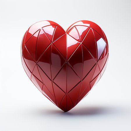 A 3D rendered sculpture of a red heart with a geometric, faceted design. Isolated on a bright, minimalist white background.の素材