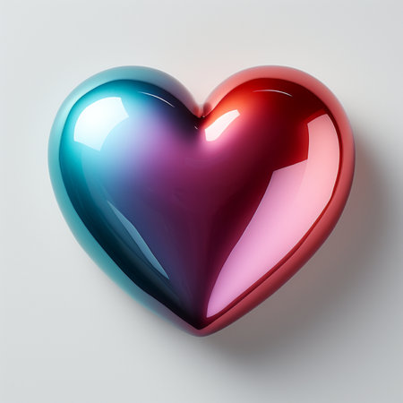 A shiny, heart-shaped object with a smooth, reflective surface displaying a gradient of teal, purple, and red hues, set against a neutral background.の素材