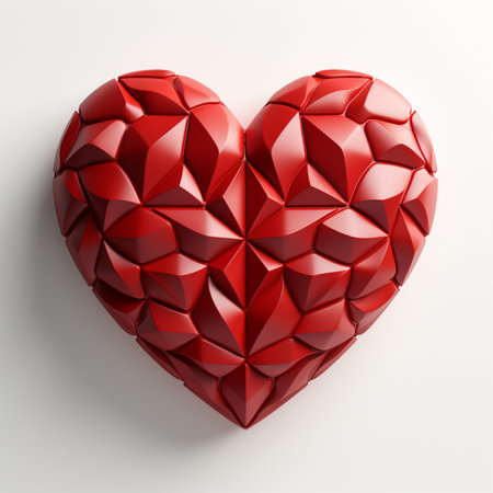 A striking 3D rendering of a vibrant red heart sculpture composed of numerous geometric facets and sharp edges, presented on a clean white surface.の素材
