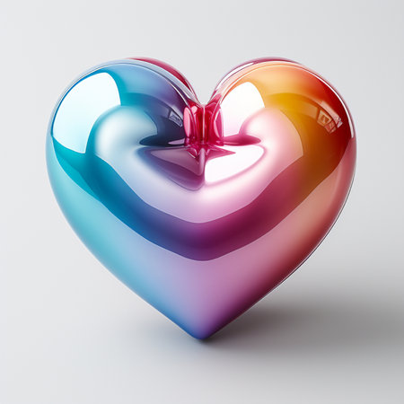 A highly polished, heart-shaped sculpture displaying a vibrant rainbow color gradient, illuminated by studio lighting.の素材