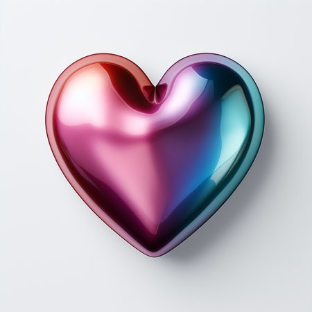 A shiny, heart-shaped object with a mesmerizing iridescent metallic sheen, displaying a gradient of pink, blue, and red hues against a clean white backdrop.の素材
