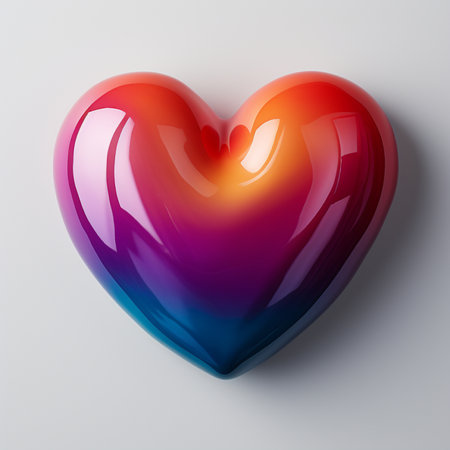 A smooth, polished heart shape displaying a vivid rainbow gradient from red to blue, with bright reflections, set against a simple white backdrop.の素材