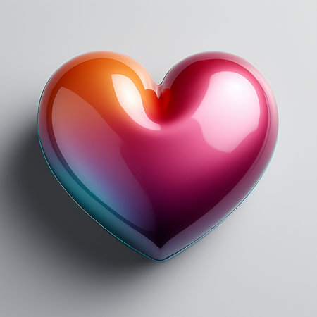 A shiny heart shape with a beautiful gradient of orange, pink, and blue. Isolated on a plain light gray backdrop.の素材