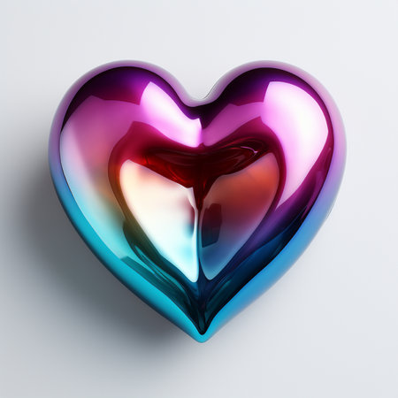 A stunning, high-gloss heart sculpture showcasing vibrant, iridescent reflections in a spectrum of colors, a modern artistic representation of love.の素材