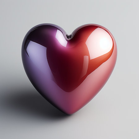 A polished heart sculpture with a smooth, reflective gradient finish transitioning from deep purple to fiery red, showcased under studio lights.の素材