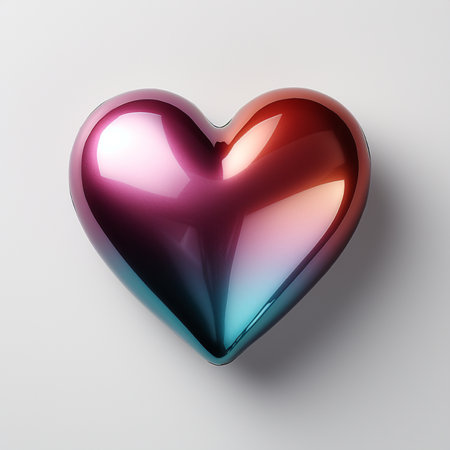 A vibrant, glossy heart-shaped object featuring a beautiful iridescent rainbow gradient, casting reflections on a clean white background.の素材