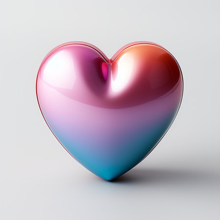 A shiny, metallic heart with a smooth gradient of pink, purple, and blue, illuminated by soft light on a white backdrop.の素材