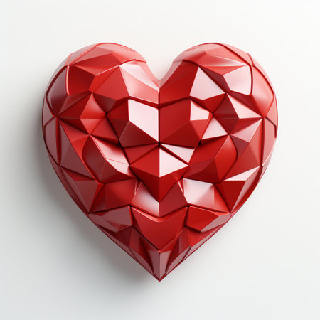A striking 3D rendered sculpture of a red heart, crafted with geometric facets and sharp edges, symbolizing love and passion with a modern aesthetic.の素材
