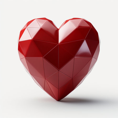 A striking 3D rendered geometric heart sculpture in a vibrant red hue, presented on a minimalist white studio backdrop.の素材