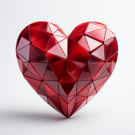 A striking 3D rendering of a faceted red crystal heart sculpture, presented on a clean white background.の素材