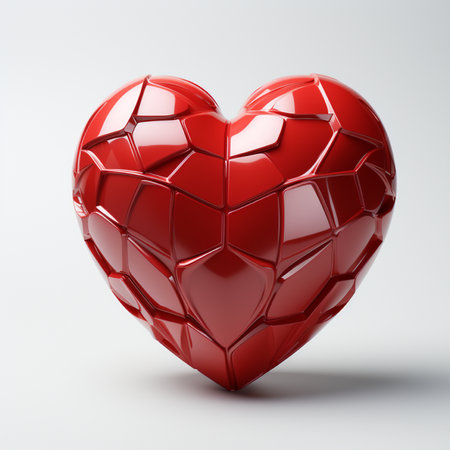 A striking 3D rendered geometric heart sculpture in vibrant red, featuring sharp, reflective facets on a minimalist white background. A modern symbol of love.の素材