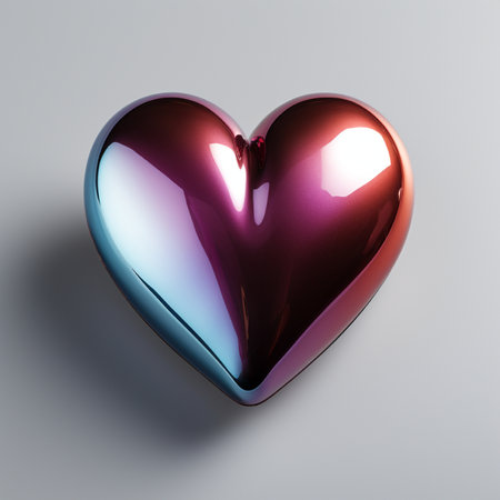 A polished, heart-shaped sculpture showcasing a smooth, reflective gradient from cool blue to deep magenta, set against a neutral light gray surface.の素材