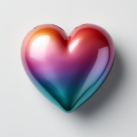 A glossy, heart-shaped object displays a beautiful rainbow gradient, from orange and red to purple and teal, isolated on a clean white background.の素材