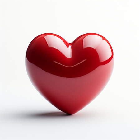 A vibrant, glossy red heart shape symbolizing love and romance, presented on a crisp white background for versatility.の素材