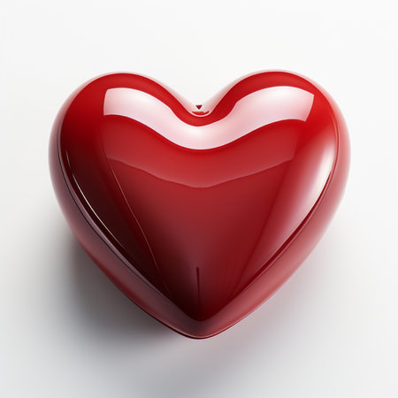 A highly polished, vibrant red heart-shaped object presented on a clean white backdrop, showcasing its smooth, reflective surface.の素材
