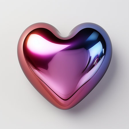 A 3D rendered glossy heart symbol displays a beautiful gradient transition from pink to purple to blue against a clean white background.の素材
