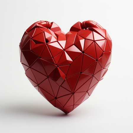 A detailed 3D render of a red geometric heart sculpture with sharp, polished facets, symbolizing love and passion.の素材