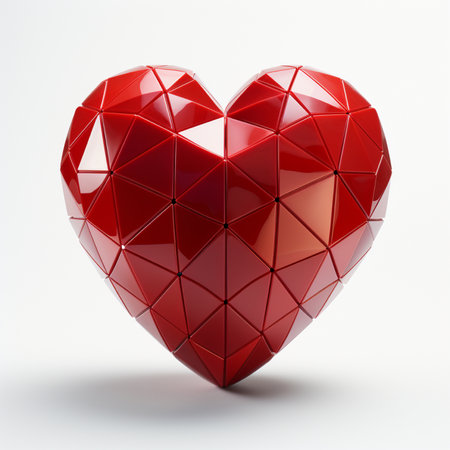 A stunning 3D render of a multifaceted red heart sculpture, composed of numerous triangular planes and sharp geometric angles, set against a clean white backdrop.の素材