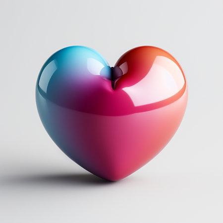 A high-quality render of a glossy heart symbol, featuring a smooth gradient transition from teal blue to pink and red.の素材