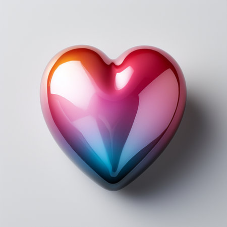 A polished, heart-shaped object displaying a vivid spectrum of colors, from warm reds and oranges to cool blues, casting subtle shadows.の素材