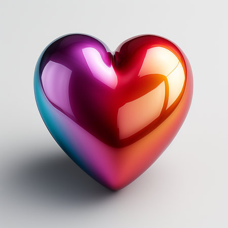A highly reflective, heart-shaped object with a smooth, polished surface, displaying a smooth color transition from teal to purple, red, and orange.の素材
