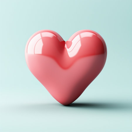 A 3D rendered glossy pink heart shape is suspended in the air against a soft cyan background, casting a subtle shadow below, symbolizing love.の素材