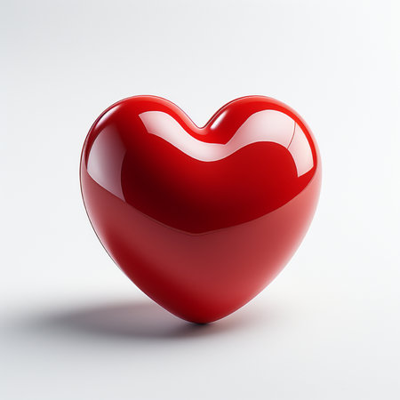 A realistic, high-gloss red heart symbol presented on a bright, seamless white backdrop. Perfect for love and romance themes.の素材