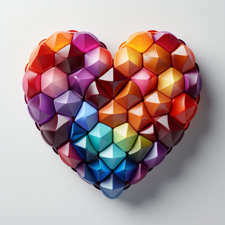 A vibrant heart shape created from numerous multi-colored geometric crystal gemstones, set against a clean white backdrop.の素材