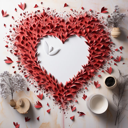 A beautifully crafted heart-shaped frame composed of vibrant red leaves and delicate petals, featuring a clean white center perfect for personalization.の素材