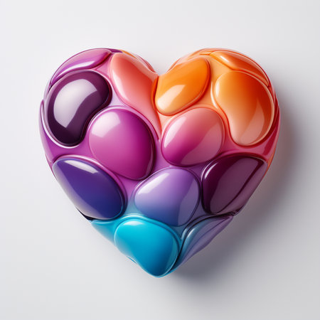 A heart shape created from smooth, colorful, glossy pebbles arranged in a rainbow gradient, isolated on a clean white background.の素材