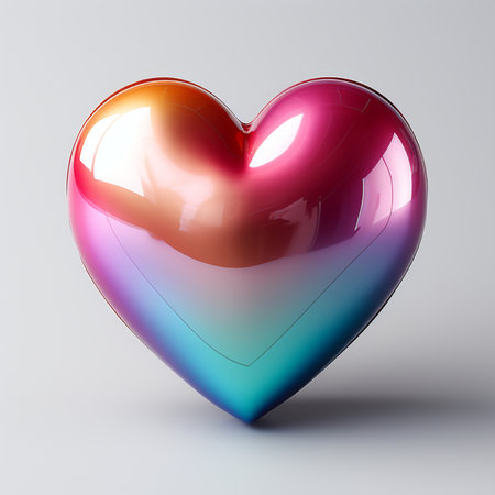 A glossy heart-shaped object featuring a vibrant rainbow gradient, reflective surface, isolated on a clean white backdrop.の素材