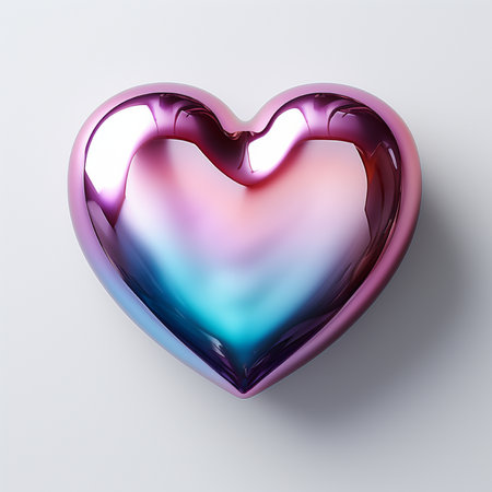 A glossy heart-shaped sculpture with a mesmerizing iridescent gradient of pink, purple, and blue, casting a soft shadow on a clean white surface.の素材