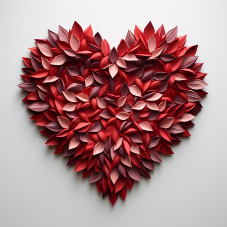 Intricate heart design composed of numerous delicate paper leaves in varying shades of red and pink, symbolizing love.の素材