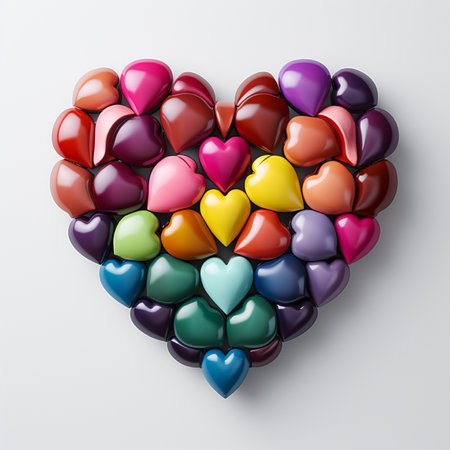 A vibrant collection of heart-shaped candies or chocolates in a beautiful heart shape, symbolizing love and affection.の素材