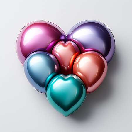 A cluster of glossy, heart-shaped balloons in a rainbow of metallic hues, artfully arranged on a clean white background.の素材