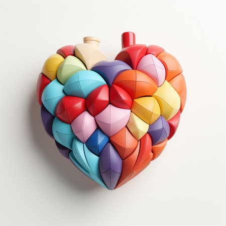 A vibrant heart mosaic assembled from numerous colorful geometric puzzle elements. Isolated on a clean white backdrop.の素材