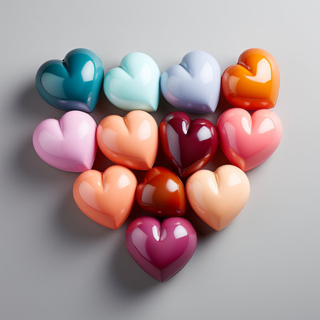 A vibrant assortment of heart-shaped chocolates in various colors and flavors, perfect for gifting and celebrations.の素材