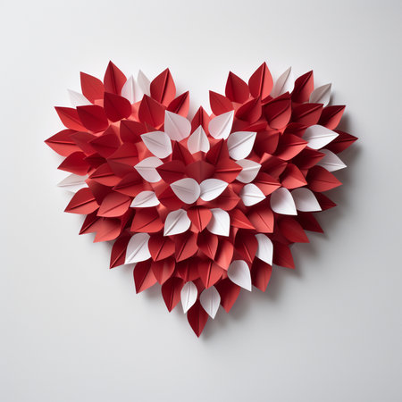 A decorative heart made of folded paper leaves in red and white, presented on a plain white surface.の素材
