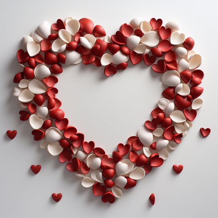 A beautiful heart shape created with red and white petals, surrounded by small scattered heart elements, evoking love and romance.の素材