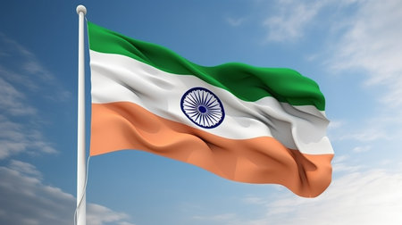 The national flag of India, featuring horizontal stripes of saffron, white, and green with the Ashoka Chakra in the center, waves against a clear sky.の素材